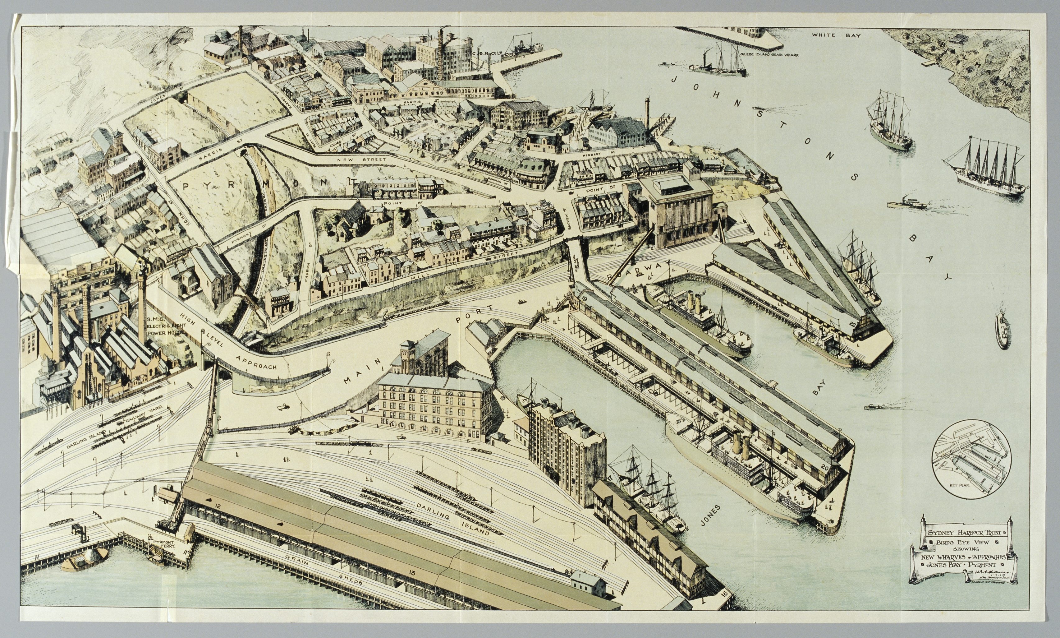 Coloured map drawn from above showing wharves and buildings.